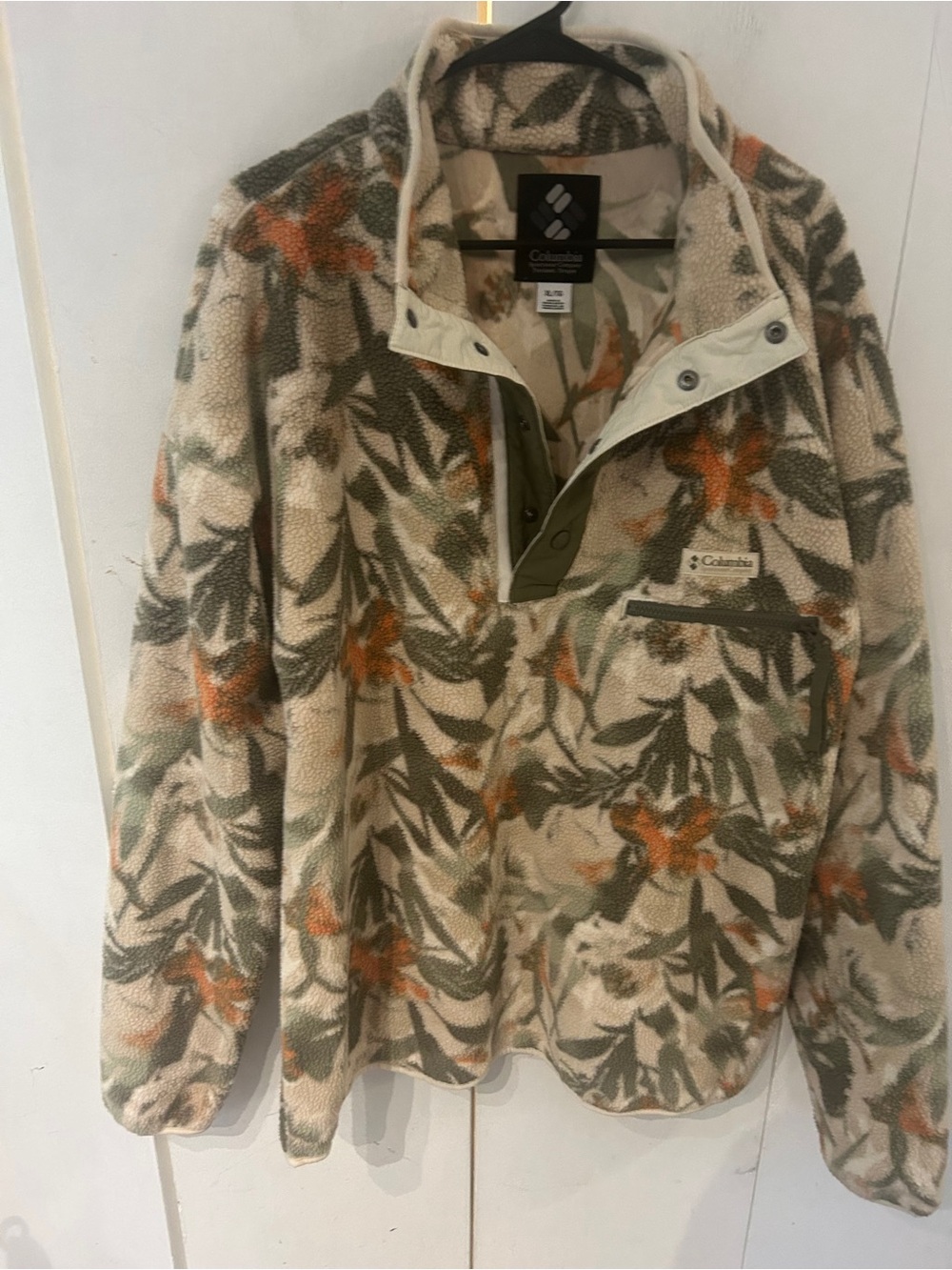 Columbia Cream Floral Sherpa Pullover with Olive & Orange Accents